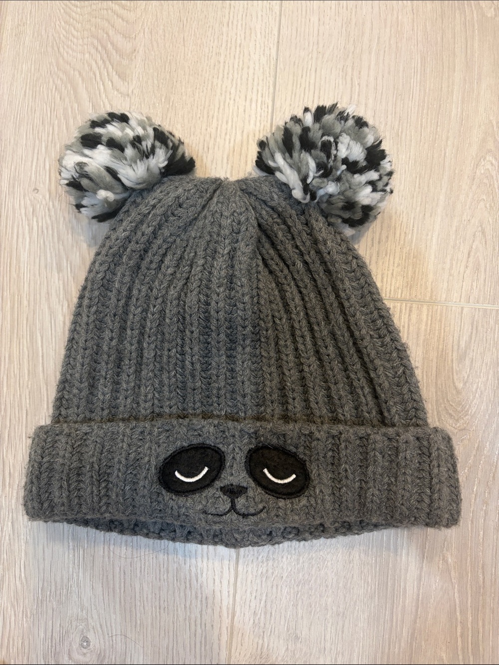 Gray Knit Pom Pom Bear Beanie